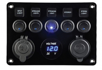 6’li Switch Panel Işıklı Şarj , Voltmetre , USB - Ölçüler: 150 x 104 x 35 mm